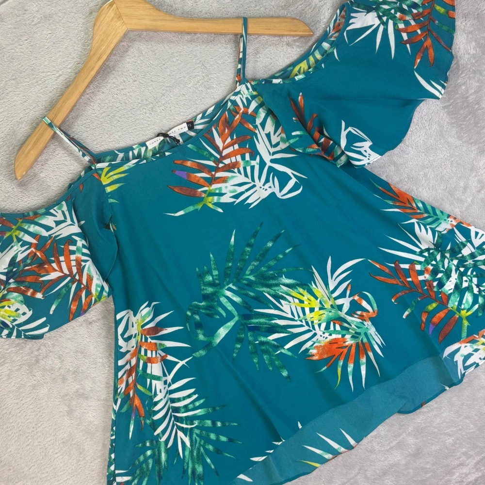 Three Eighty Two Women's Cold Shoulder Tropical‎ Floral Blouse Teal Sz XS NWT